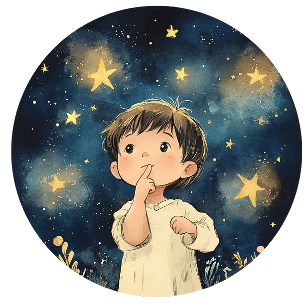 Ein kleiner Junge schaut fragend in den Sternenhimmel