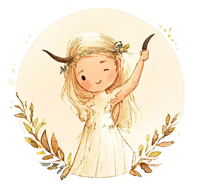 Mädchen mit einem Stierhorn in der Hand, das andere am Kopf zwinkert 